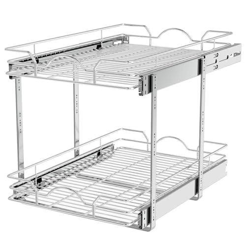2 Tier Pull Out Cabinet Organizer (15.5" W x 21" D), Pull Out Drawers for Kitchen Cabinets, Pull Out Shelves for Base Cabinet Organization in Kitchen Bathroom Pantry, Chrome Finish