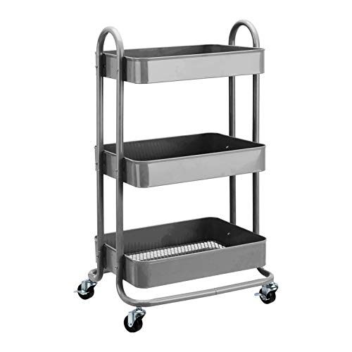 3-Tier Rolling Utility or Kitchen Cart, Lockable Wheels, Multifunctional Storage, Mobile Shelving Unit, Metal Storage Organizer, Charcoal