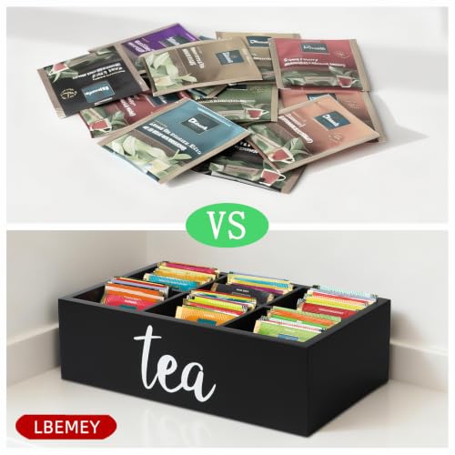 Tea Bag Organizer, Wood Tea Storage Containers with 6 Compartments, Sugar Packet Holder,Tea Bag Caddy Box for Cabinet Countertop Office (Black-Labeled "Tea") - view 4