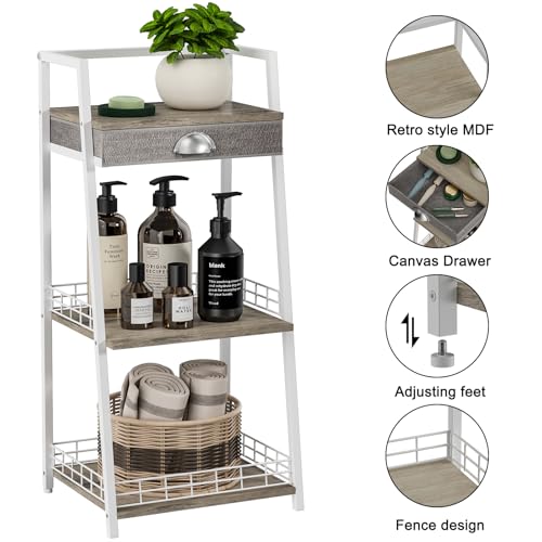3-Tier Small Bathroom Shelves with Drawer, Floor Storage Shelf, Small Bathroom Stand Rack, Freestanding Ladder Shelf for Living Room Bedroom, White - view 7