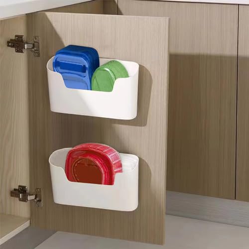 Adhesive Cabinet Door Organizer, Lid Organizer for Food Storage Container Lid, Wall Mounted Over Pantry Door Organizer Bin Holder Caddy for Plastic Lid Kitchen Bathroom, White, 2 Pack