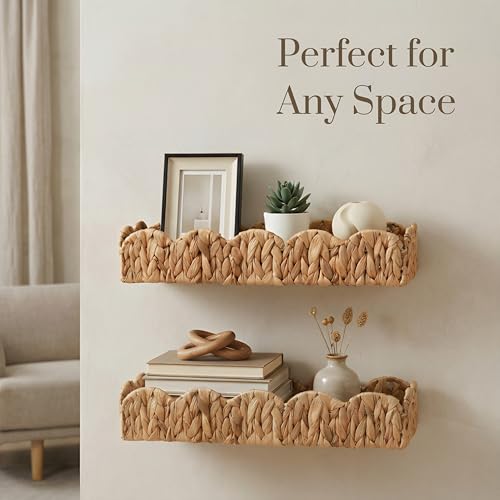 2 Pack Nursery Book Shelves, Scalloped Water Hyacinth Book Shelf for Kids Rooms, Handwoven Floating Book Shelves for Wall, 15.8” Wicker Hanging Bookshelf for Books, Toys, Photo Frames, Nursery decor - view 7