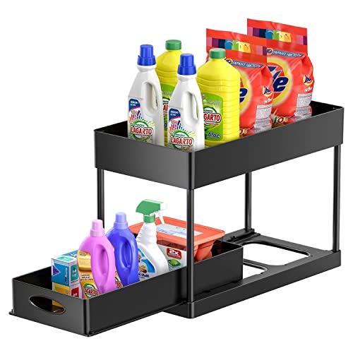 Cucn Under Sink Organizer, 2 Tier Under Sliding Cabinet Basket Organizer Drawer with Hooks, Under Sink Organizers and Storage Under Cabinet Storage for Bathroom Kitchen, Black - view 4