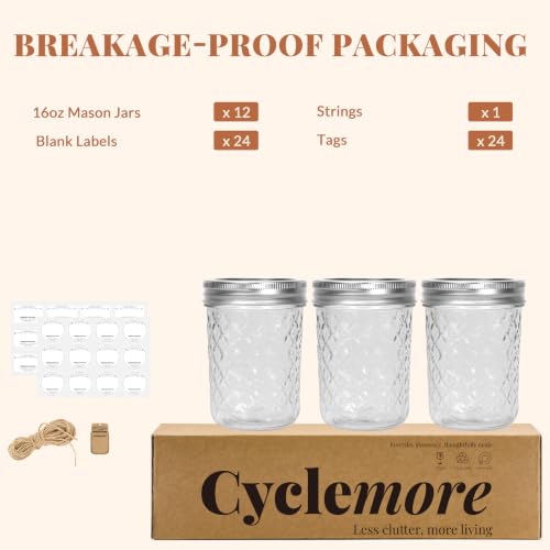 16 oz 12 Pack Crystal Mason Jars With Airtight Lids - view 7