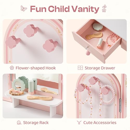 Pink Kids Vanity Set with Butterfly Mirror Stool Age 3+, 39in×27in - view 4