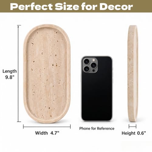 Beige Travertine Vanity Tray | Natural Stone Bathroom Organizer | Perfume & Jewelry Storage for Spa, Bedroom, Kitchen | Non-Slip Waterproof Design,9.8"x4.7"x0.6" - view 3