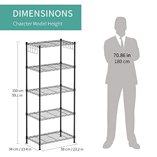5-Shelf Shelving Storage Unit Multipurpose Heavy Duty Metal Pantry Storage Shelves Wire Rack with Leveling Feet and Hooks Adjustable Shelves for Bathroom Kitchen Garage (23.2Lx13.4Wx59.1H) - view 3