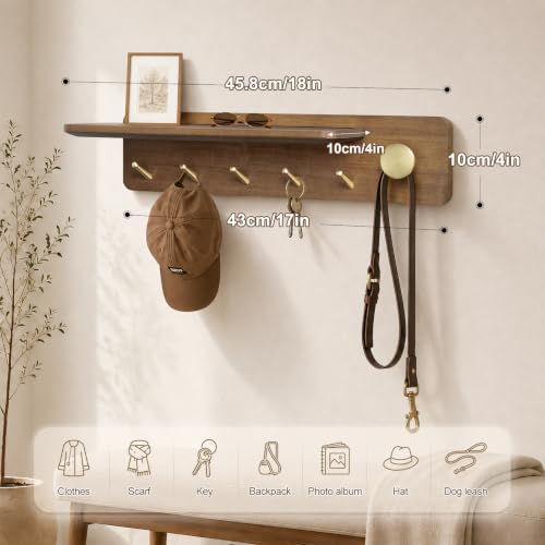 Coat Rack Wall Mount with Shelf, Solid Wood, 5 Brass Hooks, Brown - view 2