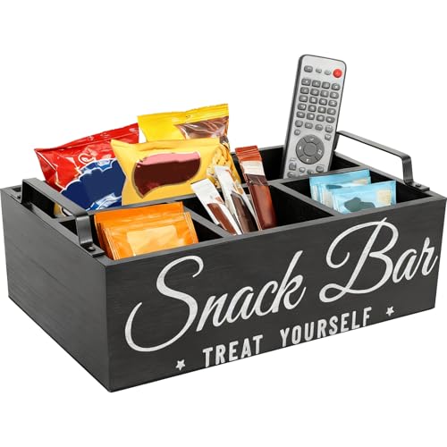 Snack Organizer for Countertop, Wood Pantry Storage Bins with Handles, Snack Bar Organizer for Pantry Shelf, 4 Compartment Food Container Box, Kitchen Storage Organizer for Nut,Chips,Beverage (Black)