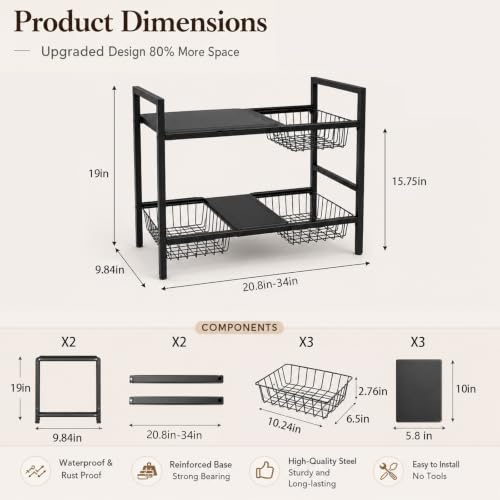 Expandable Under Sink Organizer, 2 Tier Under Sink Shelf, Height Adjustment, Under Sink Shelves with 3 Removable Baskets and 3 Removable Panels for Bathroom Kitchen Pantry Cabit black 21.65in - view 2