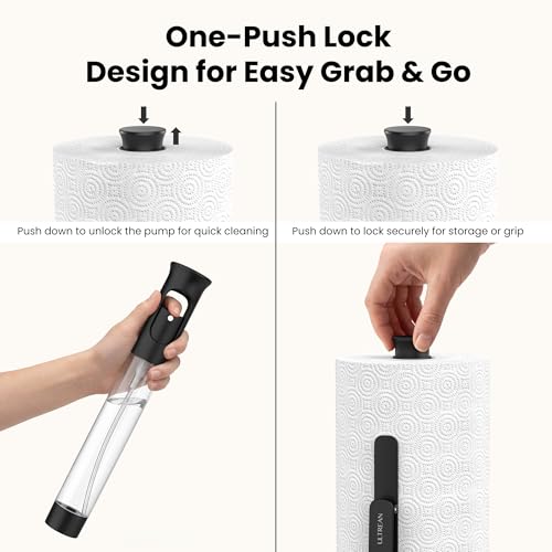 Paper Towel Holder with Spray Bottle, Countertop Freestanding Paper Towel Dispenser with Spring-Loaded Tension Arm for One-Handed Tear, Weighted Base, Stainless Steel for Kitchen, Black - view 6