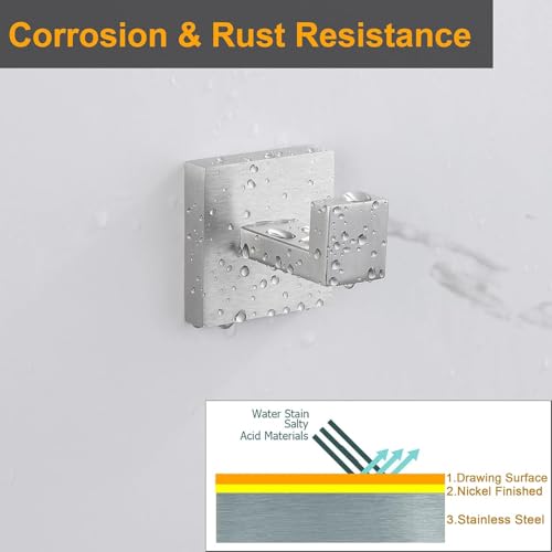 Towel Hook Stainless Steel Bathroom Rustproof Clothes Towel Coat Hook Wall Mounted Square Toilet Kitchen, Heavy Duty Door Hanger, 1 Pack, Brushed Nickel - view 5