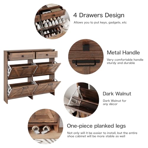 Shoe Cabinet with 4 Flip Drawers & 2 Drawers,Farmhouse Shoe Storage Cabinet for Entryway,Slim Freestanding Organizer Rack for Front Door Entrance,Dark Walnut - view 4