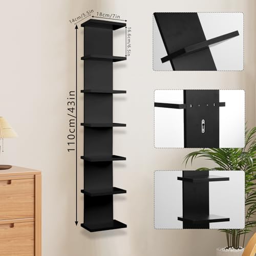7 Tier Wall Shelf Unit - Lack Floating Shelf, Compact Display Floating Shelf, Vertical Column Wall Decor Mount Floating Storage Organizer Tall Tower Shelf for Bedrooms, Living Rooms(Black) - view 3