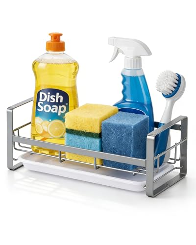 Large Kitchen Sponge Holder, 304 Stainless Steel Sink Caddy, Grey