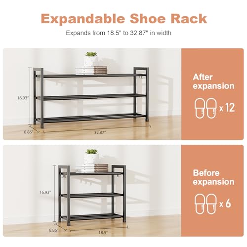 3-Tier Expandable Shoe Rack for Closet, Adjustable 18"-33" Metal Shoe Organizer for 12 Pairs, Shoe Shelf for Small Spaces, Entryway, Bedroom with 5 Hooks - view 3