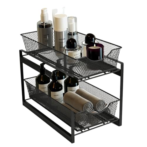 2 Tier Bathroom Organizer Under Sink with Pull Out Drawer (Black)