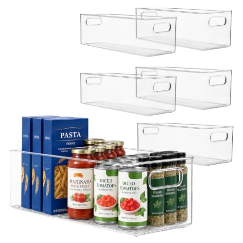 Plastic Food Storage 6 Pack Clear Container Bin with Handles for Organizing Kitchen, Pantry, Refrigerator, Freezer, Pantry, Cabinet, Closet, Bathroom. 16”x6”x5”