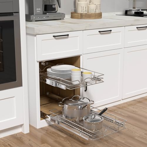 2 Tier Pull Out Cabinet Organizer (14" W x 21" D), Pull Out Drawers for Kitchen Cabinets, Pull Out Shelves for Base Cabinet Organization in Kitchen Bathroom Pantry, Chrome Finish - view 4