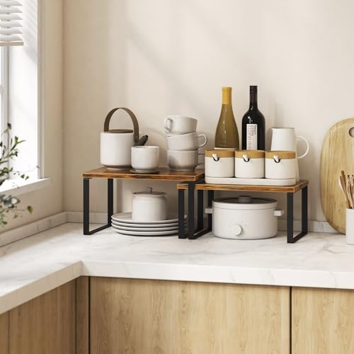 Kitchen Cabinet Organizer Shelf Set of 4, Sturdy Kitchen Counter Shelves with Metal Legs, Stackable Expandable Wood Spice Rack Pantry Cupboard Dish Mug Cup Storage Organizer Shelf, Rustic Brown - view 2