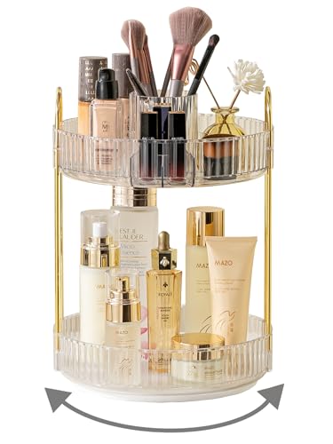 360 Rotating Makeup Organizer,2 Tier Large Capacity Make Up Organizers and Storage,Skincare Perfume Vanity Organizers,Bathroom Cosmetics Storage Organizer Countertop(Clear)