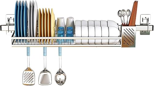 Heavy Duty Wall Mount Dish Rack, Stainless Steel Over Sink Drying Rack with Knife & Chopsticks Holder, Space Saving Kitchen Organizer for Apartment RV, Rust Proof Drainage System, 110Lbs Capacity