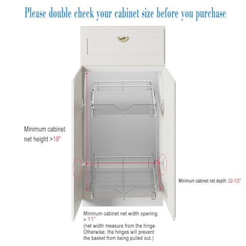 2 Tier Pull Out Cabinet Organizer (11" W X 21" D), Double Tier Wire Basket Slide Out Shelf Storage for Kitchen Base Cabinet Organization ​for Kitchen, Pantry, Bathroom, Chrome - view 3