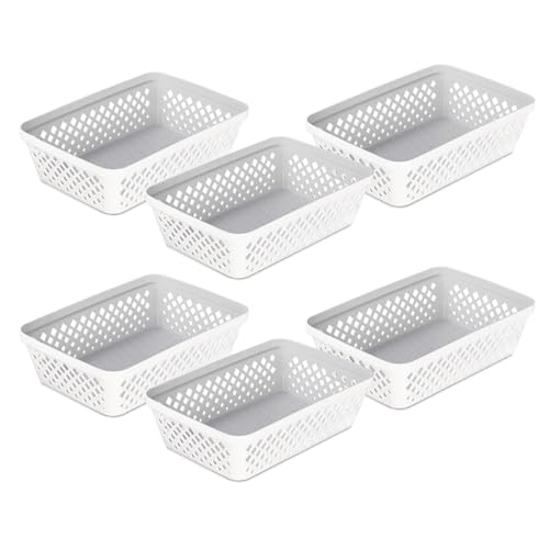 Plastic Storage Basket Set - Multipurpose Drawer Trays, Kitchen Pantry Containers, and Bathroom Bins - 6 Pack Medium Organizers, White