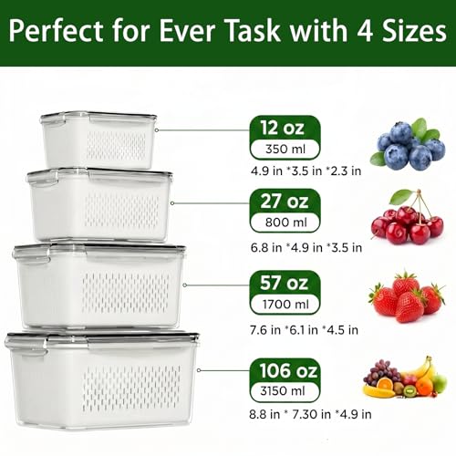 4 Pack Fruit Storage Containers for Fridge with Removable Colanders，4 in 1 Produce Storage Containers with Lids, Leakproof Fridge Organizer Bins for Salad Berry Lettuce Vegetables Meat Keeper Fresh - view 3