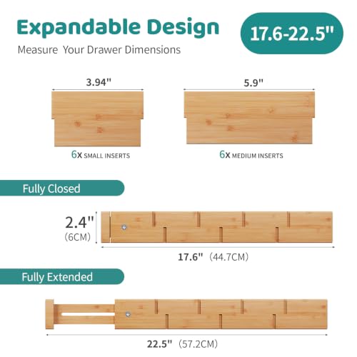 6 Pack Bamboo Drawer Dividers with Inserts, Kitchen Adjustable Drawer Organizers, Expandable Organization for Home, Dressers, 6 Dividers with 12 Inserts - view 2