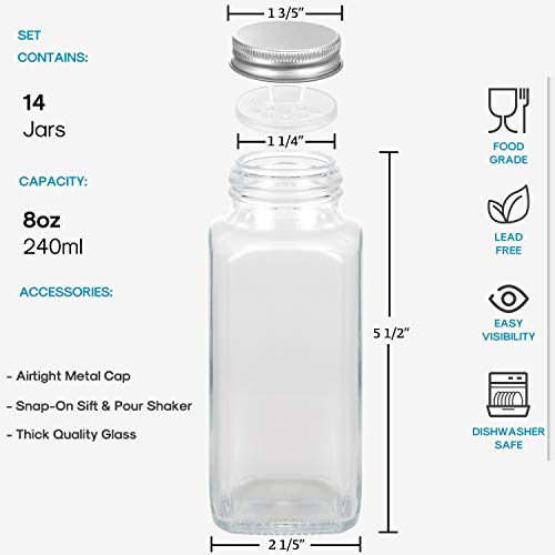 14 Pcs Glass Spice Jars with Spice Labels - 8oz Empty Square Spice Bottles - Shaker Lids and Airtight Metal Caps - Chalk Marker and Silicone Collapsible Funnel Included - view 2