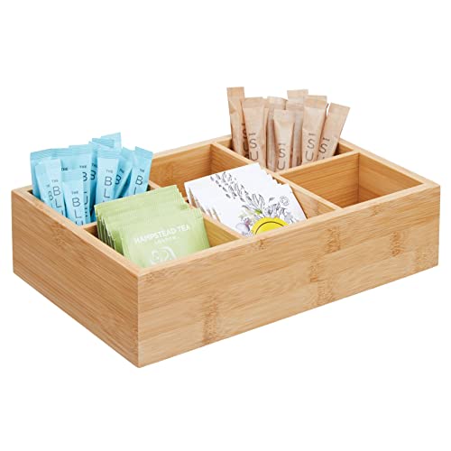 Bamboo Tea & Food Storage Organizer Container Box - Wooden Holder Case for Tea Bags, Coffee, Snacks, Sugar, Sweeteners, and Small Packets - Echo Collection - Natural Wood