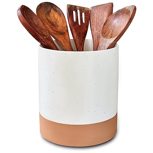 Ceramic Kitchen Utensil Holder - Wooden Spoon & Spatula Crock for Countertop, Modern Farmhouse Home Decor, Extra Large 7.3" Cooking Organizer for Stove Top and Counter - Heavy & Sturdy - Vanilla