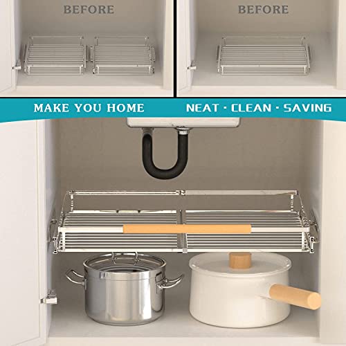 Pull Out Cabinet Shelf, Slide Out Cabinet Organizer Heavy Duty Under Sink, Anti Rust Kitchen Organizer Basket, Smooth Roll Expandable Sliding Drawer, 2 Pack Chrome 15.9''-26.2'' - view 3