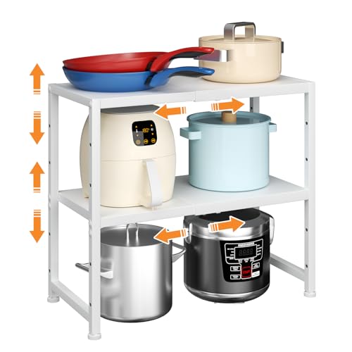 2-Tier Expandable Kitchen Storage Shelf,150LBS Heavy Duty Metal Shelving Units For Small Appliance,Adjustable Pots and Pans Organizer Rack Shelves For Kitchen Counter Under Cabinet Garage Pantry,White