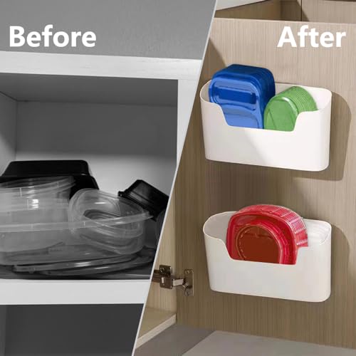 Adhesive Cabinet Door Organizer, Lid Organizer for Food Storage Container Lid, Wall Mounted Over Pantry Door Organizer Bin Holder Caddy for Plastic Lid Kitchen Bathroom, White, 2 Pack - view 2