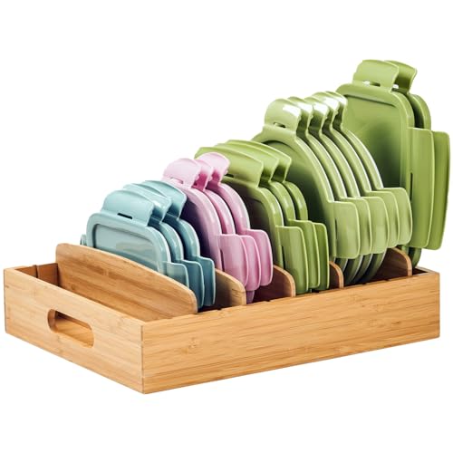 Large Bamboo Food Container Lid Organizer for Kitchen Cabinet