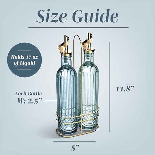 Glass Olive Oil Bottle Dispenser - 2 Pack- 17oz Oil and Vinegar Cruet - Olive Oil Carafe Decanter for Kitchen, Elegant Fluted, Blue - view 5