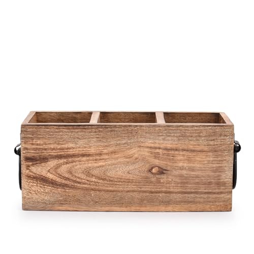 Mango Wood Cutlery Holder Caddy Organizer Wooden Utensil Storage Organizer Countertop for Silverware Fork Spoon Spatula 3 compartments (11" x 4" x 4.5") - view 3