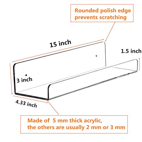 Clear Acrylic Floating Shelves Display Ledge, 5 MM Thick Wall Mounted Storage Shelf for Kitchen/Bathroom/Office,Invisible Kids Bookshelf and Spice Rack,15 Inch,Set of 4 - view 3