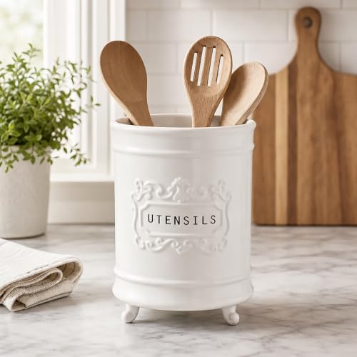 Circa Ceramic Utensil Holder, Kitchen Countertop Crock, White - view 2