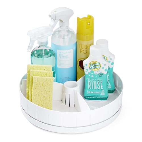 SinkSuite Under Sink Turntable with Adjustable Dividers, Lazy Susan Organizer for Kitchen or Bathroom Storage, White