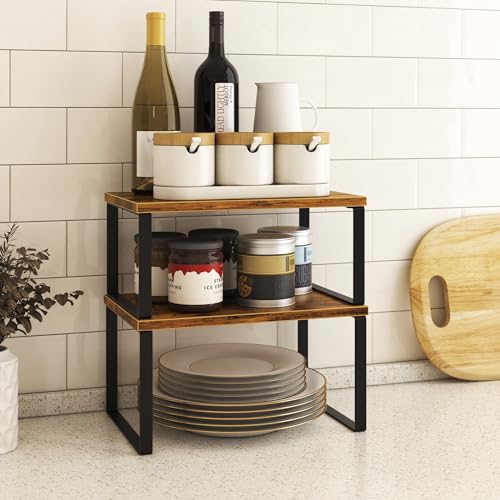 Kitchen Cabinet Organizer Shelf Set of 4, Sturdy Kitchen Counter Shelves with Metal Legs, Stackable Expandable Wood Spice Rack Pantry Cupboard Dish Mug Cup Storage Organizer Shelf, Rustic Brown - view 5