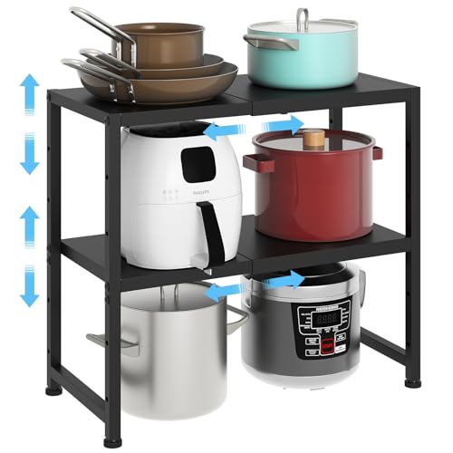 2-Tier Expandable Metal Storage Shelves,150LBS Heavy Duty Shelving Units and Storage For Small Appliance,Adjustable Pots and Pans Organizer Rack Shelf For Kitchen Under Cabinet Pantry Warehouse Garage