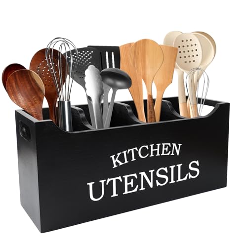 Utensil Holder for Kitchen Counter, Wood Extra Large 4 Compartments Kitchen Utensil Holder with Drainage Bottom for Countertop, Farmhouse Cooking Tools Organizer for Spatula, Black