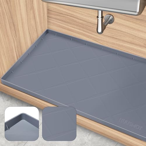 Under Sink Mat 28" x 22", Extra Thick Waterproof Silicone Liner, Cabinet Protector Tray Organizer for Kitchen (Grey)