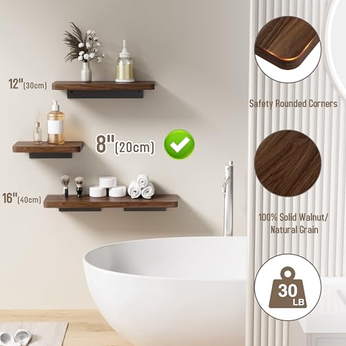 Solid Walnut Floating Shelf, 8 inch Small Natural Wood Wall Mounted Shelf for Bathroom, Kitchen, Bedroom, Living Room, Farmhouse Decor - view 4