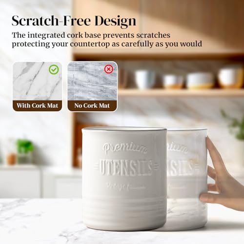 7.2" Large Ceramic Utensil Holder for Kitchen Counter, Beige - view 3