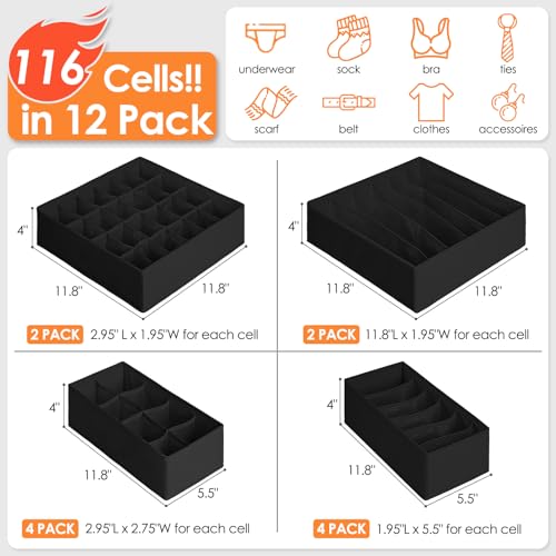 12 Pack Drawer Organizers, 116 Compartments Fabric Foldable Dresser Drawer Organizers for Clothing, Closet Organizers and Storage Bins for Clothes, Christmas Ornament Storage Boxes with Dividers - view 2