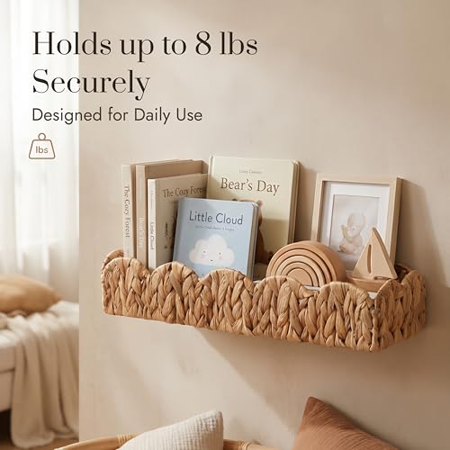 2 Pack Nursery Book Shelves, Scalloped Water Hyacinth Book Shelf for Kids Rooms, Handwoven Floating Book Shelves for Wall, 15.8” Wicker Hanging Bookshelf for Books, Toys, Photo Frames, Nursery decor - view 5